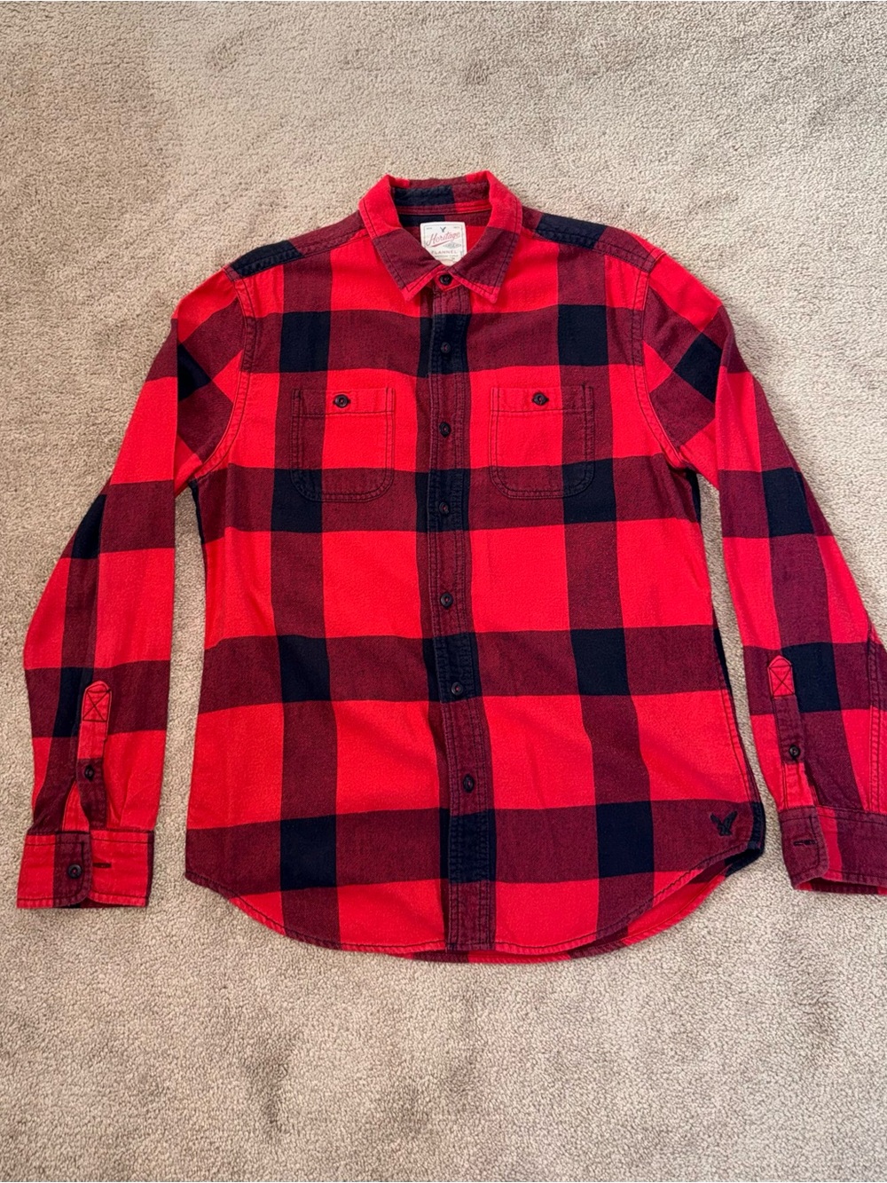 American Eagle Heritage Men's Red Black Buffalo Plaid Flannel Shirt Medium
